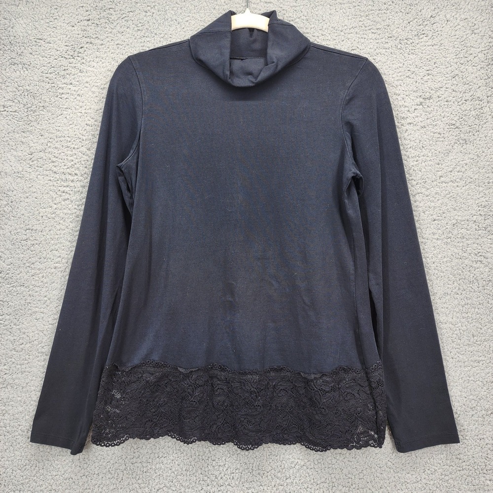 Sundance Womens Black Lace Hem Turtleneck Long Sleeve Cotton Blend Top Small